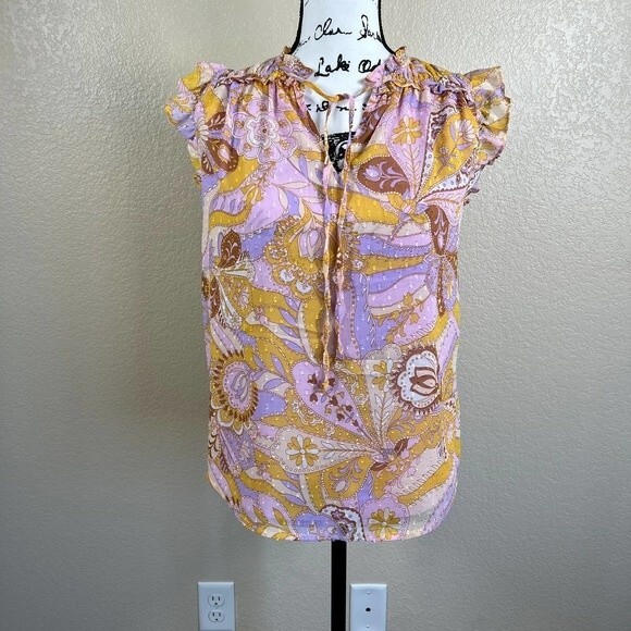 Maison d' Amelie yellow blouse purple paisley print top flutter sleeve size S - Picture 5 of 15